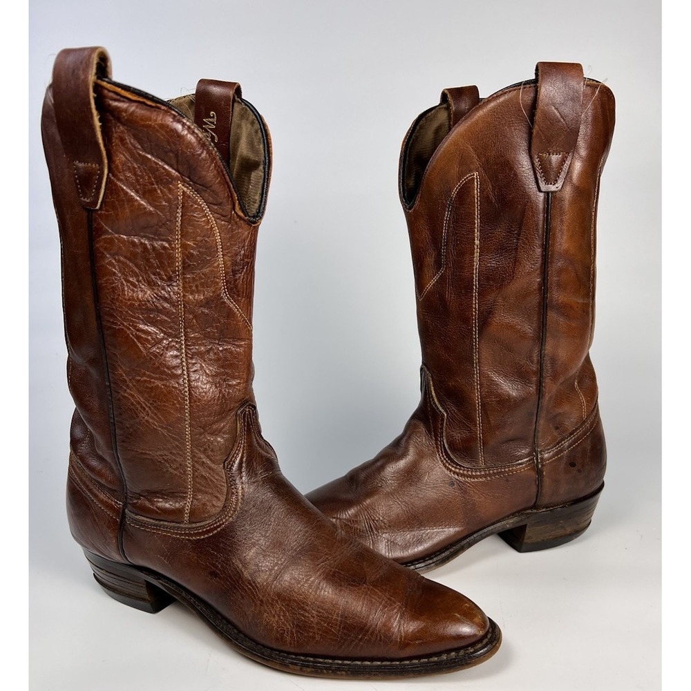 Vintage Wrangler Brown Leather Cowboy Boots Mens Size 9 N Western Pull On
